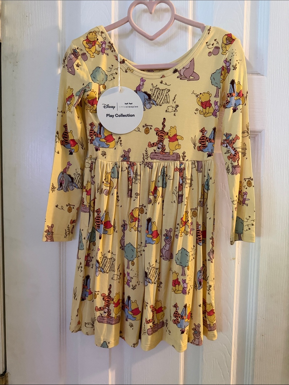 Yellow Winnie the Pooh Print Long Sleeve Kids Dress - Picture 2 of 3